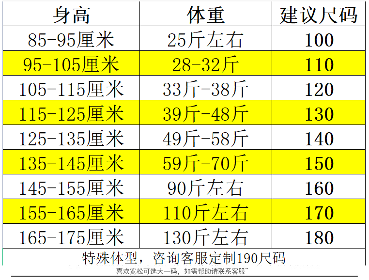 校服尺码对照表，校服定做尺码表